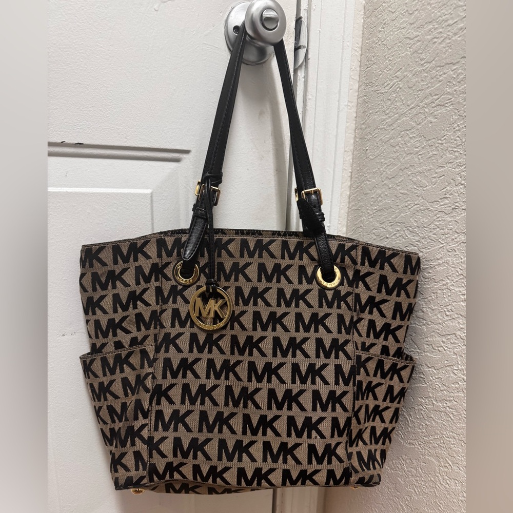 Michael Kors Brown MK Monogram Tote with Black Straps and Gold Hardware